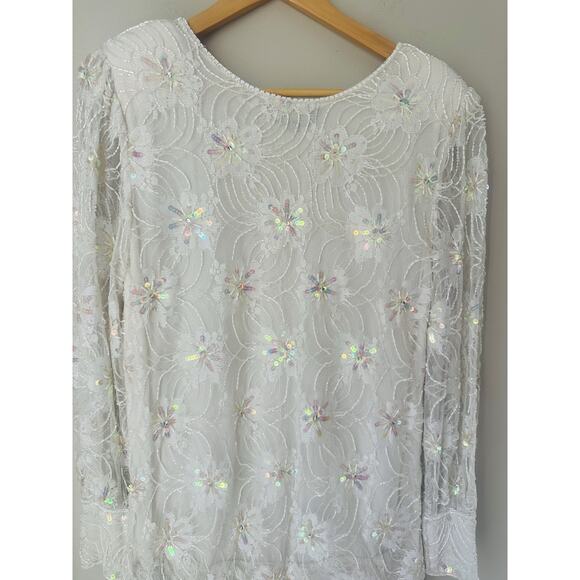 VTG Megere White Sequin Beaded Dress M Long Sleeve Ruffle Hem Formal Wedding - Picture 6 of 10